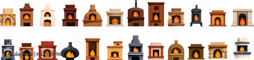 Stone stove icons set. Various fireplaces showcasing unique architectural designs and materials