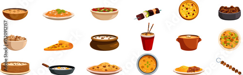 Dishes champignons icons set. Wide variety of prepared food from across the globe, showcasing culinary diversity