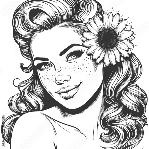 beautiful young woman with retro curls, flower in her hair, and sunburst background detail sketch engraving generative ai fictional character vector illustration. Scratch board. Black and white image.