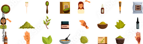 Henna hair icons set. Henna powder, leaves, paste, oil, and applicator tools for temporary tattooing and hair dyeing