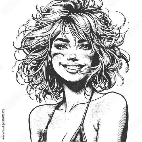 joyful woman in a bikini, smiling with tousled hair and sand speckled across her cheeks sketch engraving generative ai fictional character vector illustration. Scratch board. Black and white image.