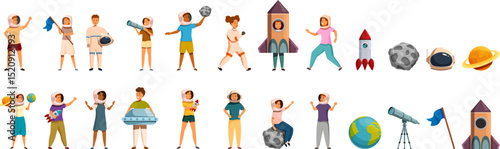 Kids play cosmonaut icons set. Children wearing astronaut costumes, playing with rockets, planets, and space objects, fostering their imagination and dreams of space exploration