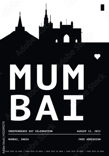 Mumbai typography minimalist vector poster for national event, public holiday, independence day, festival layout. Brochure, leaflet, flyer, presentation image template for India city