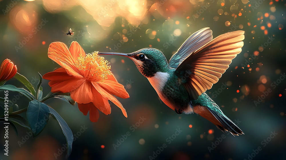 Obraz premium A hummingbird visits a vibrant orange flower in a beautiful garden setting.