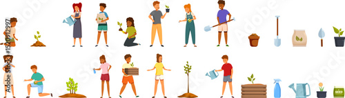 Children planting seeds icons set. Children planting, watering, fertilizing and taking care of small trees and plants, using gardening tools