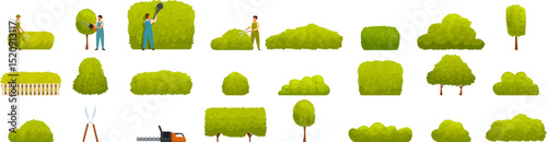 Garden hedge icons set. Gardeners working with hedge trimmers and different types of green shrubs for landscaping