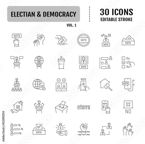 Electian and democracy line icon set. Democracy, vote, politics concept. Editable stroke. Vector illustration
