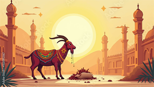 A vibrant 3D Eid al-Adha scene with a beautifully adorned sacrificial goat, a cute sheep in a bowl, crescent moon, and colorful domed mosque, set against a glowing sunset sky with festive symbols.