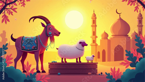 A vibrant 3D Eid al-Adha scene with a beautifully adorned sacrificial goat, a cute sheep in a bowl, crescent moon, and colorful domed mosque, set against a glowing sunset sky with festive symbols.