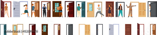People doorway icons set. People from various walks of life are shown entering, exiting, and interacting with different types of doors, illustrating concepts of transition, opportunity, and access