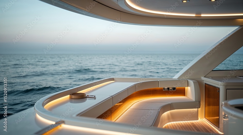 Fototapeta premium Luxury yacht interior with ambient lighting overlooking the ocean at dusk