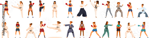 Woman fighter icons set. Women practicing martial arts and boxing in various poses