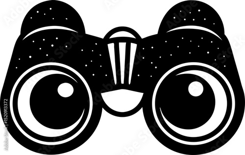 Vector illustration of sleek black binoculars with white details on a transparent background for design projects.