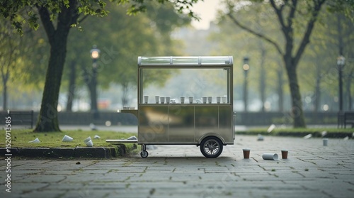 Empty food cart parked in a quiet park surrounded by trees during early morning light photo