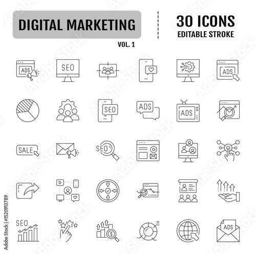 Digital marketing line icon set. Containing seo, content, website, social media, sales and online advertising. Editable stroke. Vector illustration