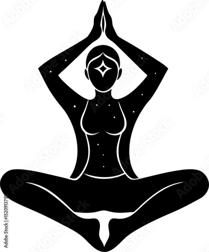 Silhouette of a woman in lotus position meditating with hands raised above head in black and white