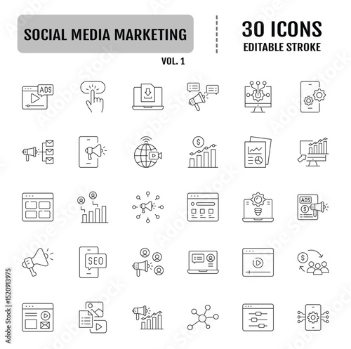 Social media marketing line icon set. Editable stroke. Vector illustration
