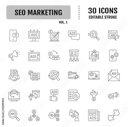 Seo marketing line icon set. Editable stroke. Vector illustration