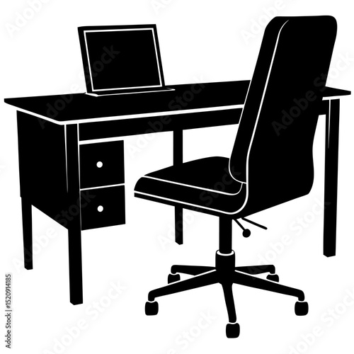 Minimalist black and white office desk and chair with laptop illustration