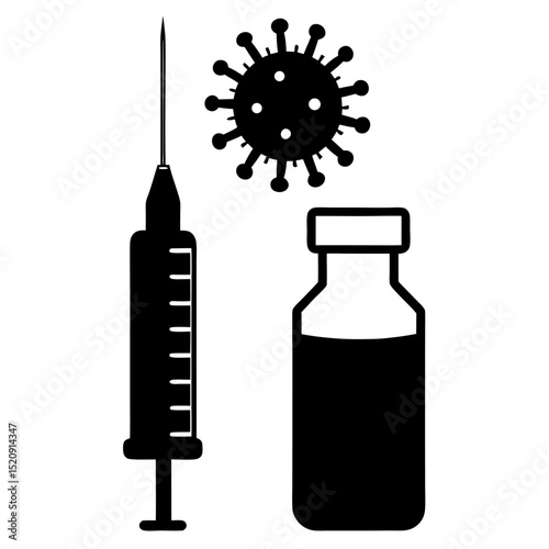 Vaccination illustration depicting syringe vial and coronavirus silhouette indicating immunization and healthcare