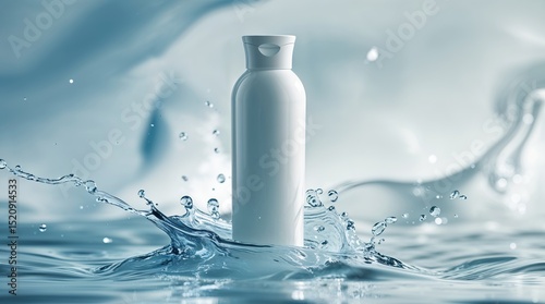 White bottle splashing in clear water against a soft blue background capturing a serene moment of beauty and fluidity