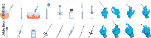 Anesthesia dentistry icons set. Dentist injecting anesthetic using syringes, needles, and other dental tools for teeth treatment