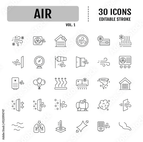 Air line editable icon set. Containing ventilation, air conditioner, fan, wind, blow, oxygen, breathe, CO2, pollution and more. Vector illustration