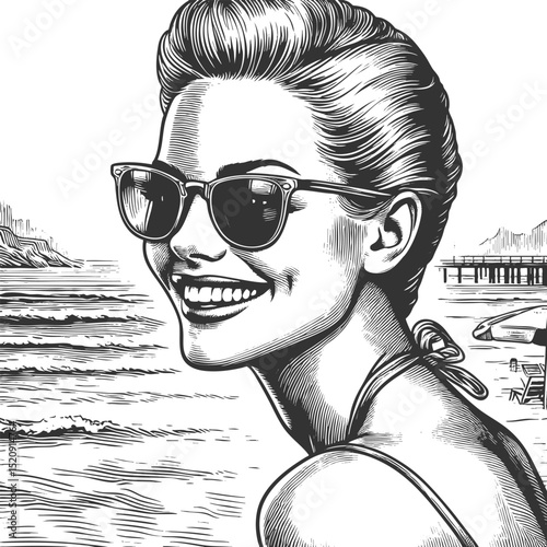 cheerful woman in sunglasses enjoying sunny day at the beach with ocean backdrop sketch engraving generative ai fictional character vector illustration. Scratch board imitation. Black and white image.