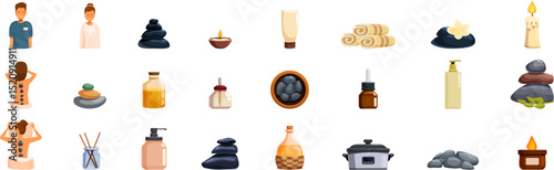 Hot stone massage therapy icons set. Wellness center workers preparing a hot stone massage therapy with essential oils, aromatherapy and candles