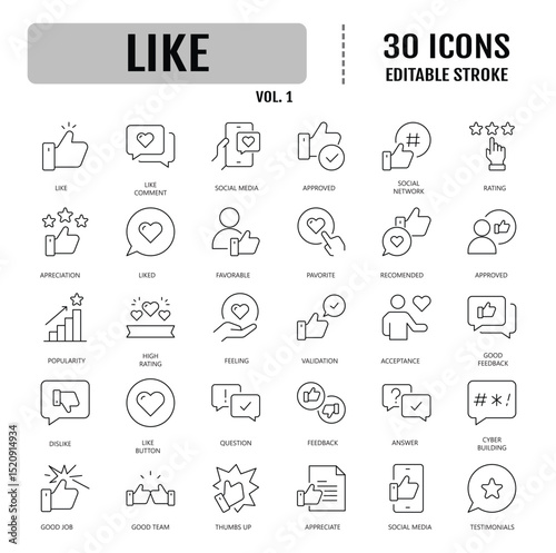 Like icon set. Containing thumbs up, favorite, liked, favorable, positive, appreciation, affirmative, validation and more. Editable stroke. Vector illustration