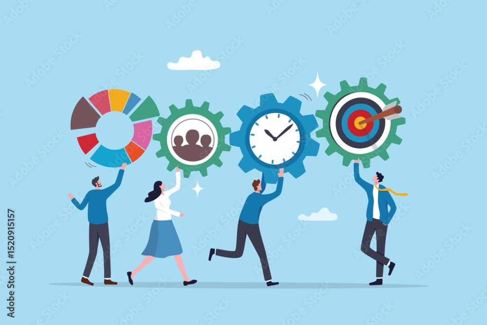 Optimization, improvement or strategy to improve result to increase efficiency or productivity to reach goal or target success, business people connect cogwheel gear to optimize result to reach goal.