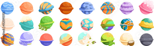 Bath bomb icons set. Set of round bath bombs decorated with various colors, patterns, and natural ingredients, evoking the image of planets