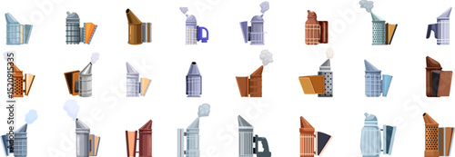 Bee hive smoker icons set. Collection of diverse beekeeping smokers with smoke effects