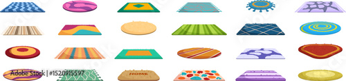 Wool textile mat icons set. Carpets and rugs are displayed showcasing a variety of textures, shapes, colors, and patterns, suitable for diverse interior design preferences