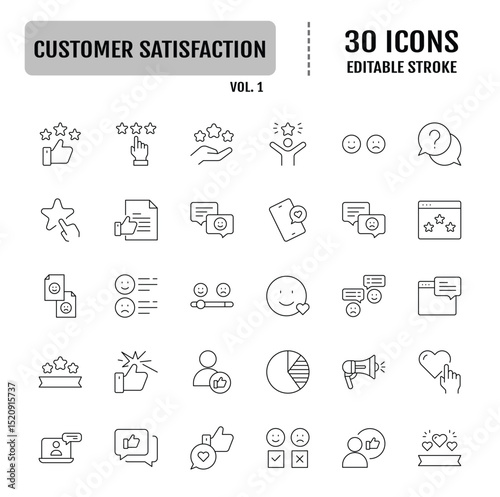 Customer satisfaction line icon set. Containing Customer Support, Satisfaction Survey, Quality Service, Feedback Loop, Five Star Rating. Editable stroke. Vector illustration