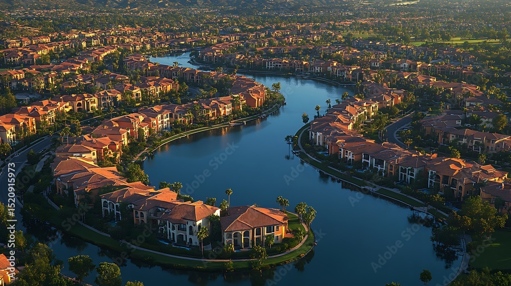 Fototapeta premium Aerial View of Luxury Homes with a Serene Lake in a Sunny Resort Town.