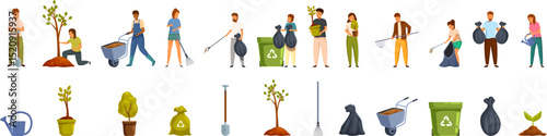 Environmental activism icons set. People taking care of nature by planting trees, collecting garbage, and using gardening tools, promoting environmental sustainability