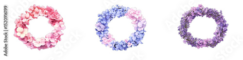 Three floral wreaths in shades of pink, purple, and blue