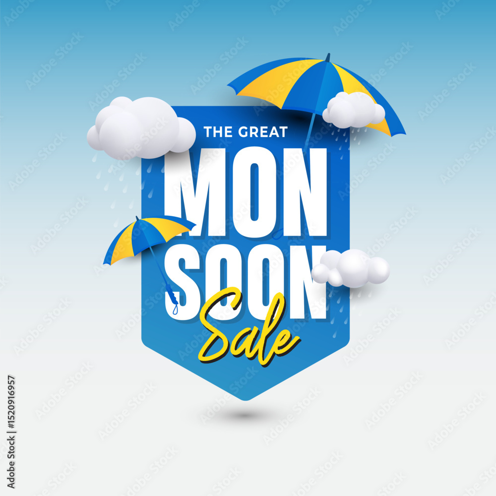 The Great Monsoon Sale Promotional Banner with Umbrella and Clouds