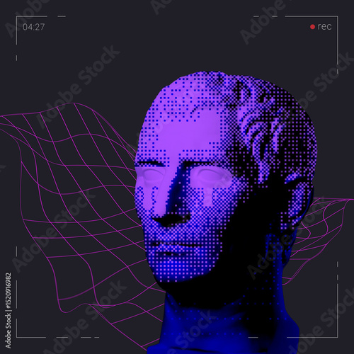 Conceptual art collage. Pixelated purple bust with virtual grid and camera overlay in dark surveillance frame. Brutalist style. Concept of tech era, media, emotionless presence, identity tracking