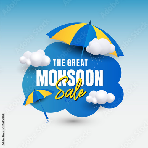 The Great Monsoon Sale Promotional Banner with Umbrella and Clouds