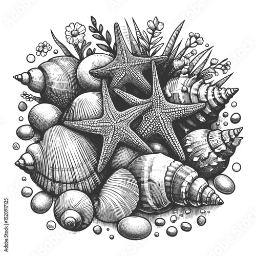 seashells, starfish, and beach elements arranged in a natural coastal composition sketch engraving generative ai vector illustration. Scratch board imitation. Black and white image.