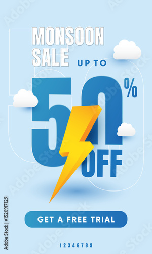 Monsoon Sale Promotion Banner Highlighting 50% Discount with Rain and Clouds Theme