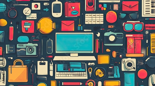 Flat lay illustration of office supplies and technology on a dark background with vibrant colors