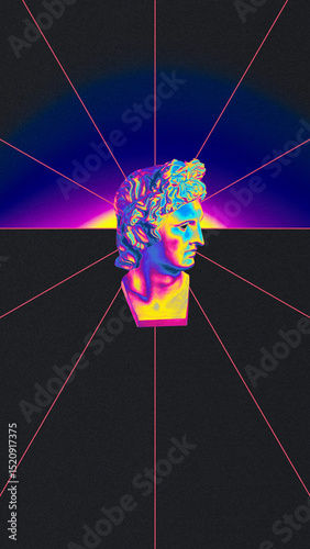 Futuristic surreal collage. Poster. Glowing marble head with rainbow tones and radiating neon lines from center. Concept of tech era, digital self-glorification, data divinity, synthetic emotions.
