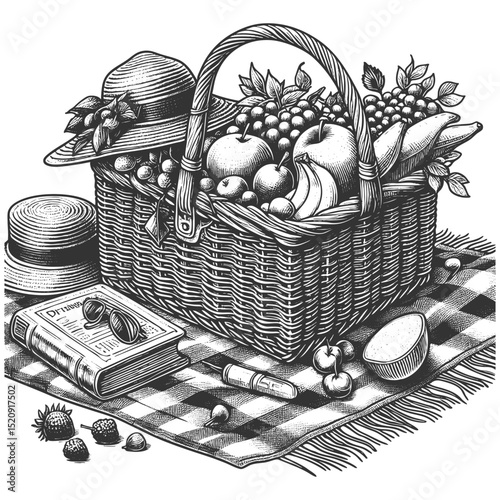 picnic basket filled with fruit, sunhat, and an open book on a checkered blanket, ideal for summer themes sketch engraving generative ai vector illustration. Scratch board imitation. Black and white.