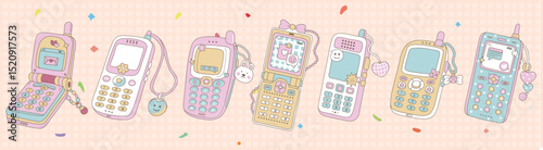 Kawaii Vintage Cartoon Mobile Phones Collection - Cute Y2K Retro Cell Phone Icons in Pastel Colors Vector Illustration