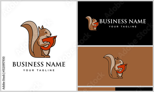 Cute Squirrel Holding Nut Logo Design.
