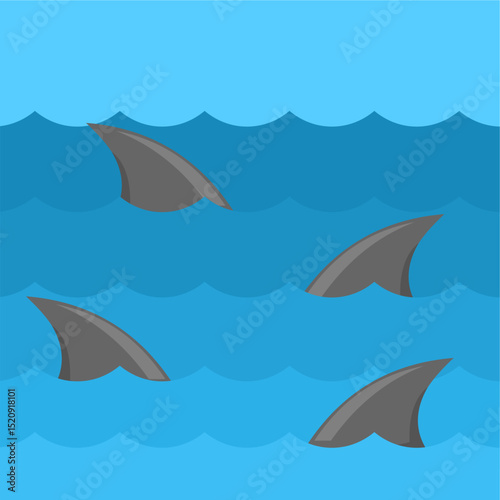 Group of shark fins above sea,
creating tense and eerie atmosphere,
flat art design style.