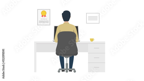 Illustration of a man sitting on an office chair at a desk with a laptop, certificate, documents, and a yellow coffee mug, viewed from behind